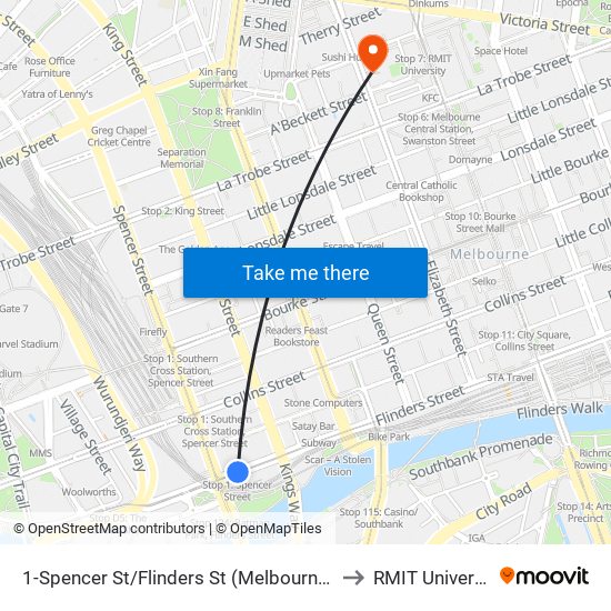 1-Spencer St/Flinders St (Melbourne City) to RMIT University map