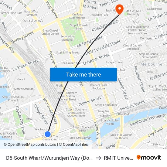 D5-South Wharf/Wurundjeri Way (Docklands) to RMIT University map