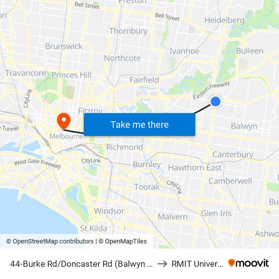 44-Burke Rd/Doncaster Rd (Balwyn North) to RMIT University map
