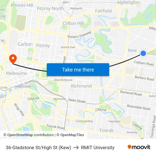Gladstone St/High St #36 to RMIT University map