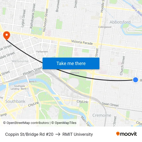 Coppin St/Bridge Rd #20 to RMIT University map