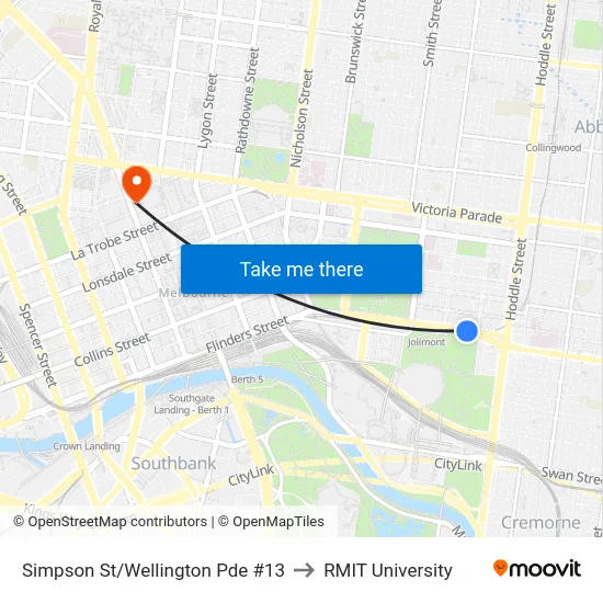Simpson St/Wellington Pde #13 to RMIT University map