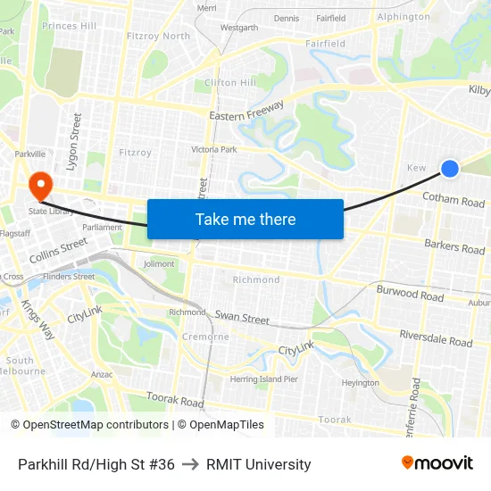 Parkhill Rd/High St #36 to RMIT University map
