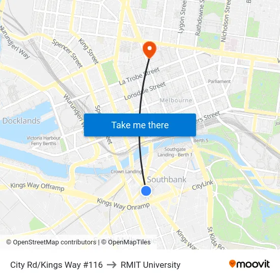 City Rd/Kings Way #116 to RMIT University map