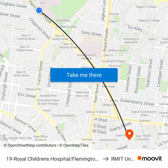 19-Royal Childrens Hospital/Flemington Rd (North Melbourne) to RMIT University map