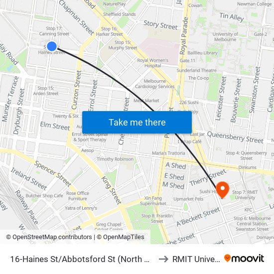 16-Haines St/Abbotsford St (North Melbourne) to RMIT University map