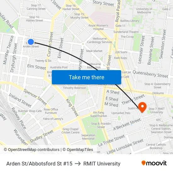 Arden St/Abbotsford St #15 to RMIT University map