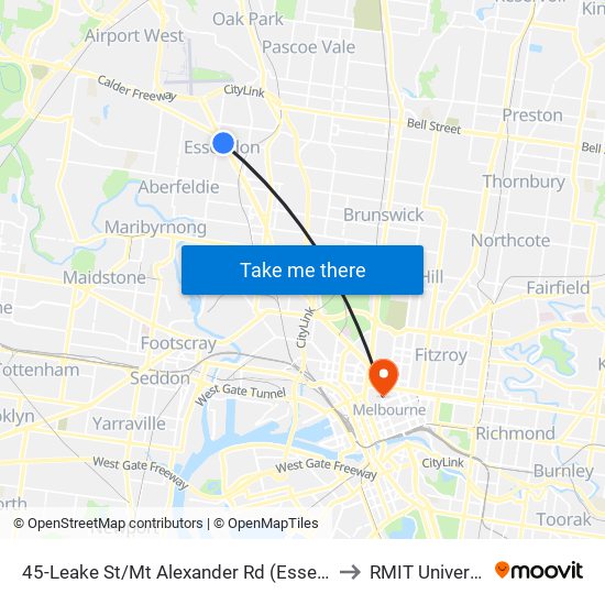 45-Leake St/Mt Alexander Rd (Essendon) to RMIT University map