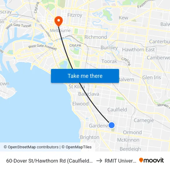 Dover St/Hawthorn Rd #60 to RMIT University map