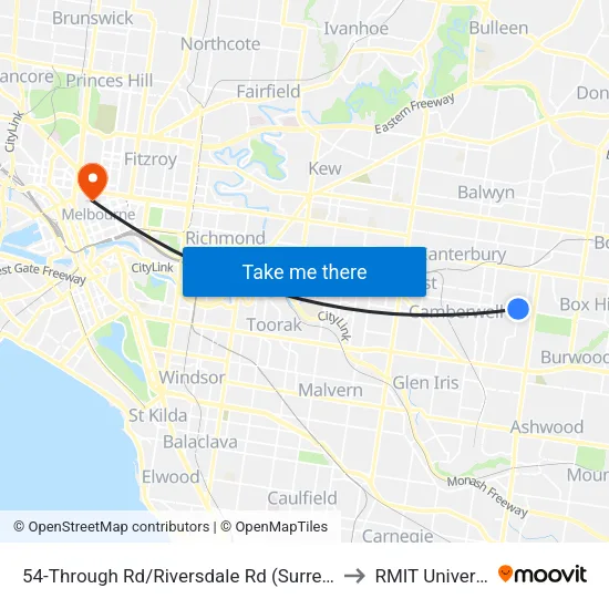 Through Rd/Riversdale Rd #54 to RMIT University map