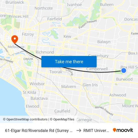 Elgar Rd/Riversdale Rd #61 to RMIT University map