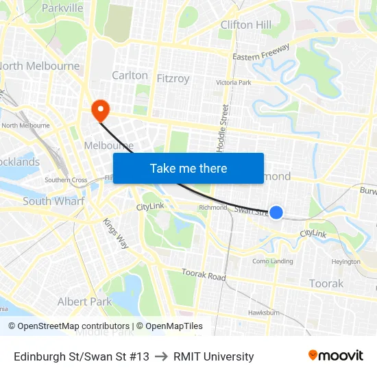 Edinburgh St/Swan St #13 to RMIT University map