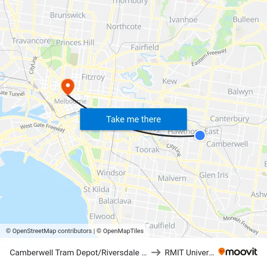 Camberwell Tram Depot/Riversdale Rd #39 to RMIT University map