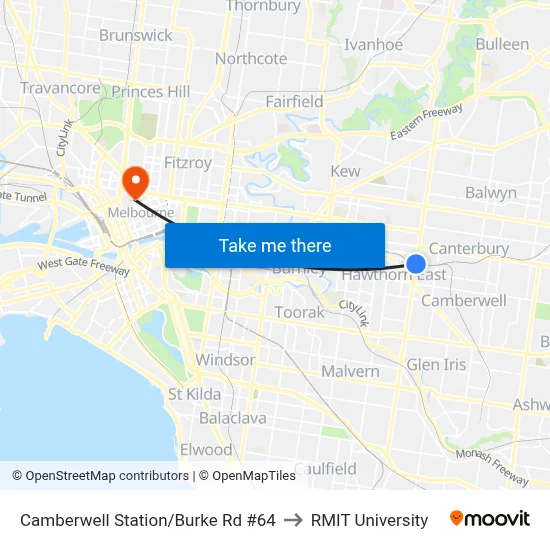 Camberwell Station/Burke Rd #64 to RMIT University map