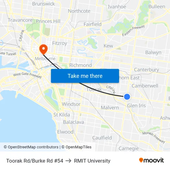 Toorak Rd/Burke Rd #54 to RMIT University map