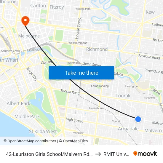 Lauriston Girls School/Malvern Rd #42 to RMIT University map
