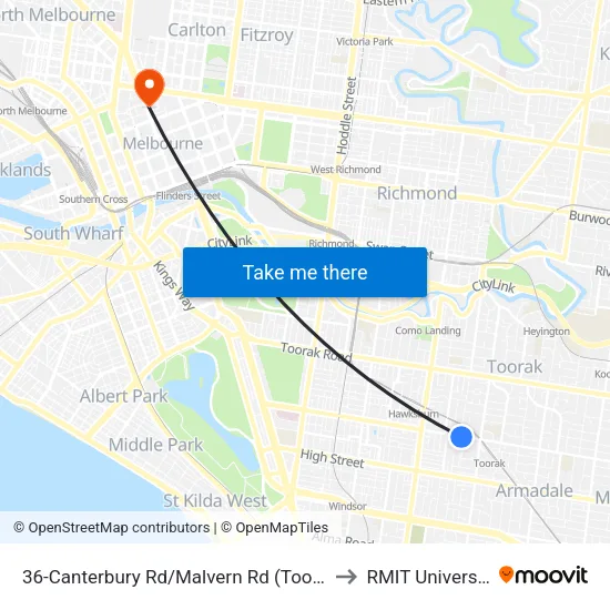 Canterbury Rd/Malvern Rd #36 to RMIT University map