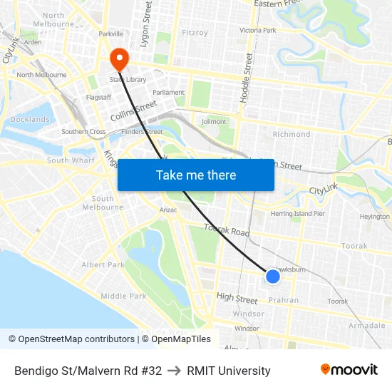 Bendigo St/Malvern Rd #32 to RMIT University map