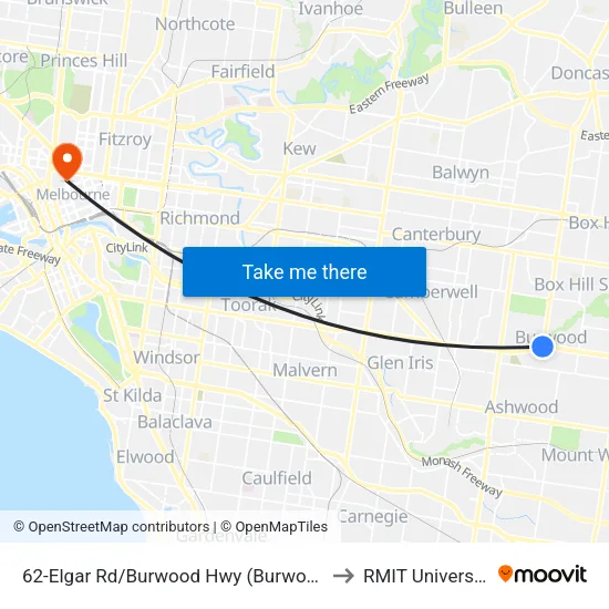 Elgar Rd/Burwood Hwy #62 to RMIT University map