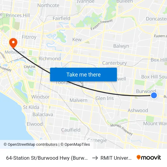 Station St/Burwood Hwy #64 to RMIT University map