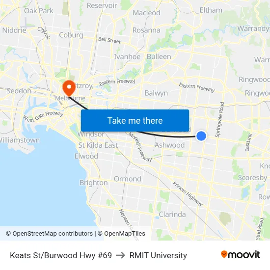 Keats St/Burwood Hwy #69 to RMIT University map