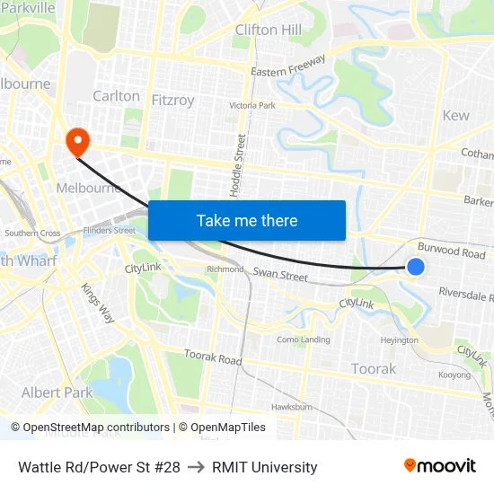 Wattle Rd/Power St #28 to RMIT University map