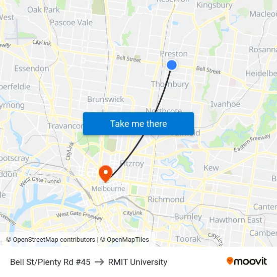 Bell St/Plenty Rd #45 to RMIT University map