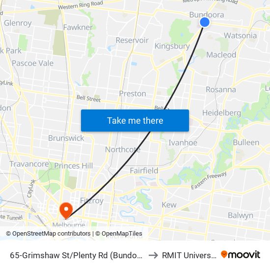 65-Grimshaw St/Plenty Rd (Bundoora) to RMIT University map