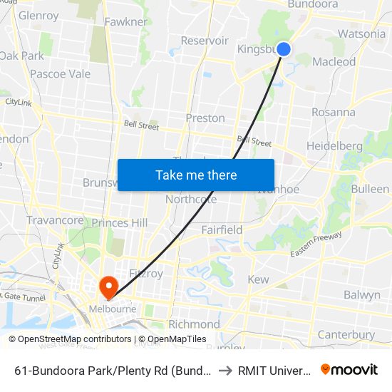 61-Bundoora Park/Plenty Rd (Bundoora) to RMIT University map