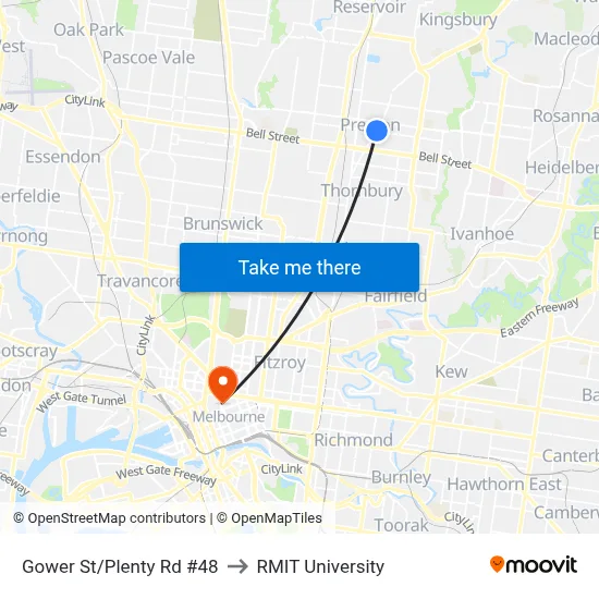 Gower St/Plenty Rd #48 to RMIT University map