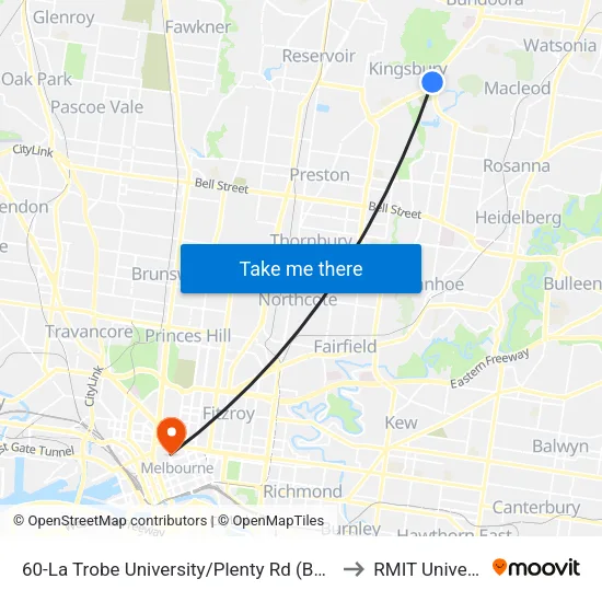 La Trobe University/Plenty Rd #60 to RMIT University map