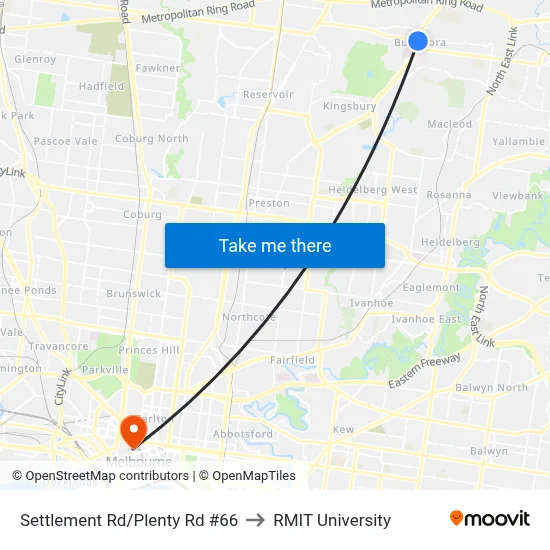 Settlement Rd/Plenty Rd #66 to RMIT University map