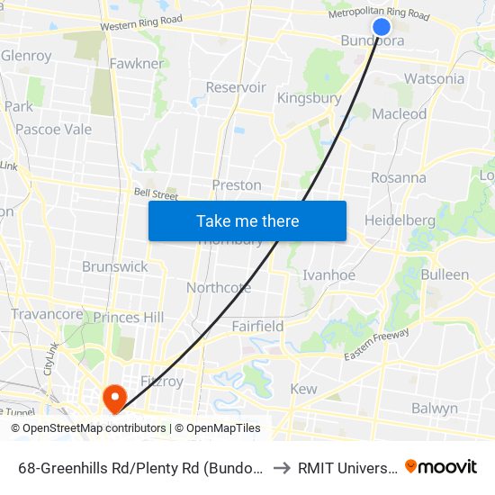 68-Greenhills Rd/Plenty Rd (Bundoora) to RMIT University map