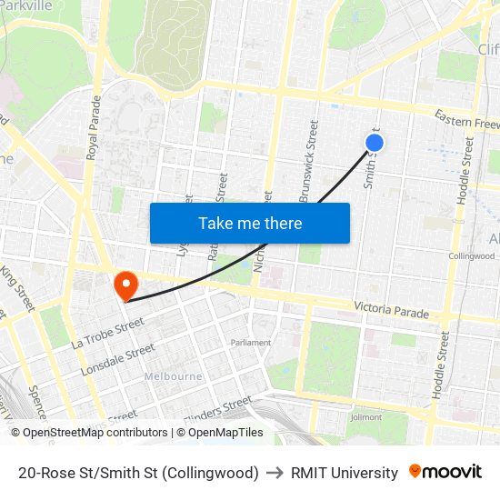 20-Rose St/Smith St (Collingwood) to RMIT University map