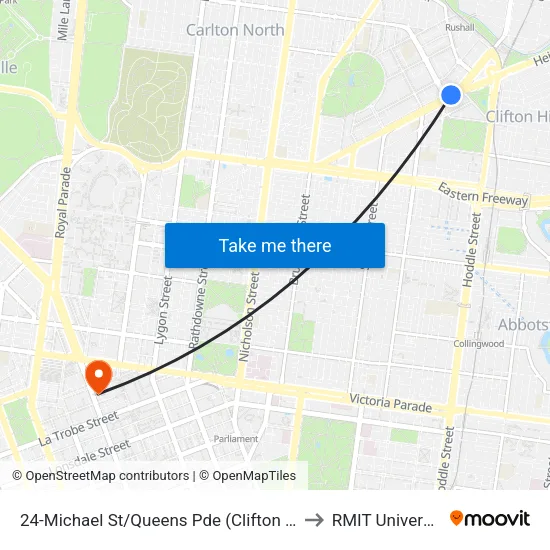 Michael St/Queens Pde #24 to RMIT University map