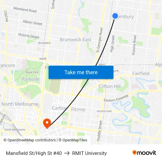 Mansfield St/High St #40 to RMIT University map