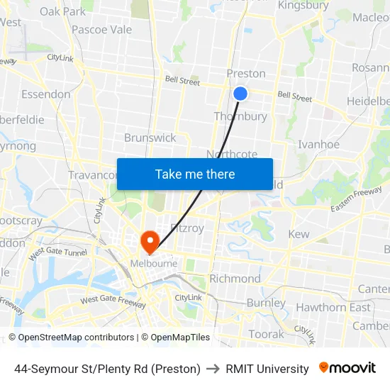 Seymour St/Plenty Rd #44 to RMIT University map