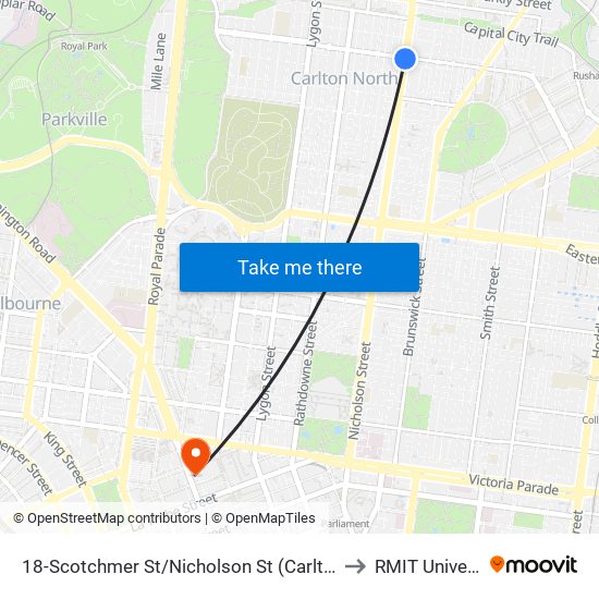 18-Scotchmer St/Nicholson St (Carlton North) to RMIT University map