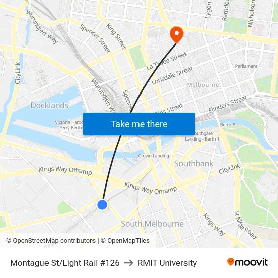 Montague St/Light Rail #126 to RMIT University map