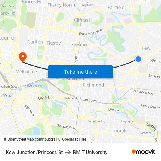 Kew Junction/Princess St to RMIT University map