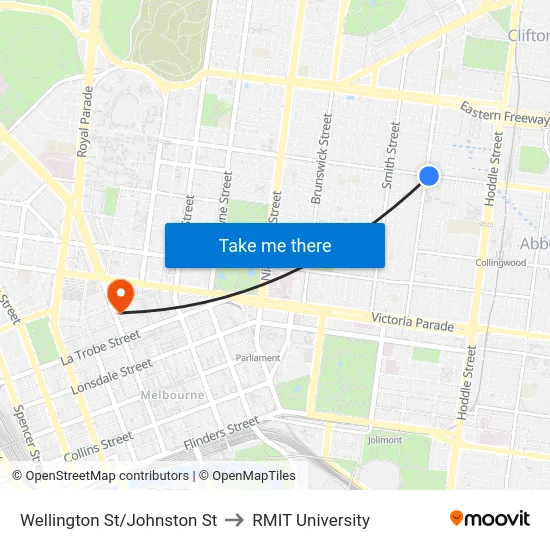 Wellington St/Johnston St to RMIT University map