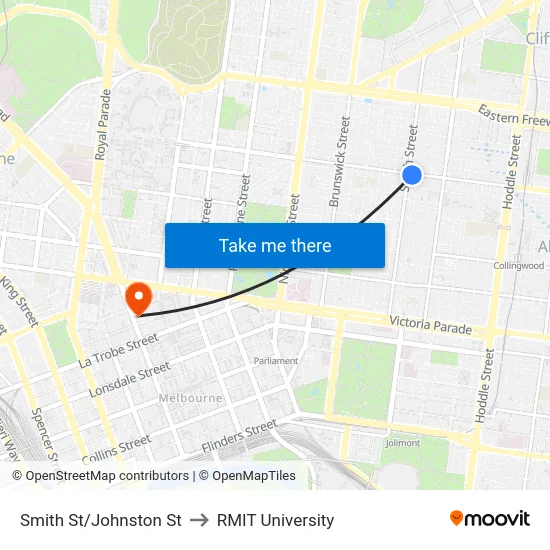 Smith St/Johnston St to RMIT University map