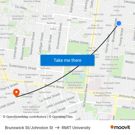 Brunswick St/Johnston St to RMIT University map