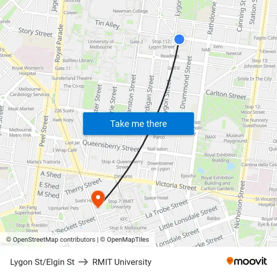 Lygon St/Elgin St to RMIT University map