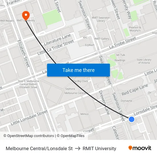 Melbourne Central/Lonsdale St to RMIT University map