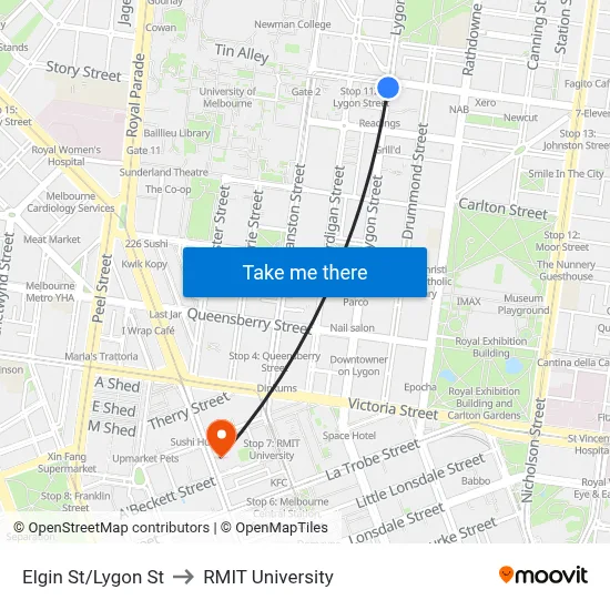 Elgin St/Lygon St to RMIT University map