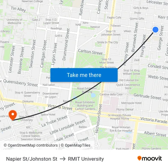 Napier St/Johnston St to RMIT University map