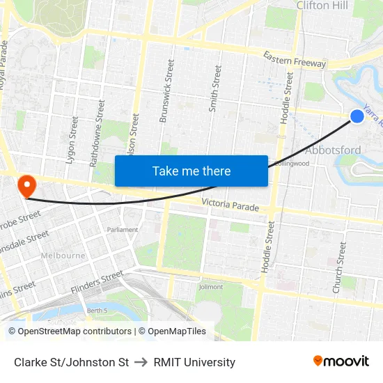 Clarke St/Johnston St to RMIT University map