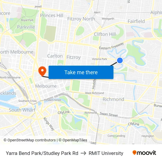 Yarra Bend Park/Studley Park Rd to RMIT University map