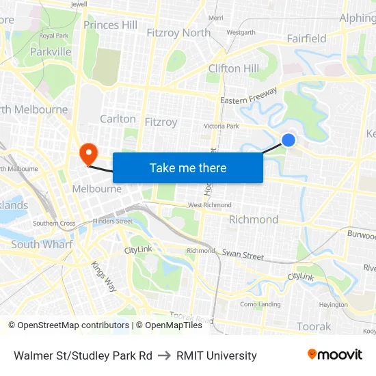 Walmer St/Studley Park Rd to RMIT University map